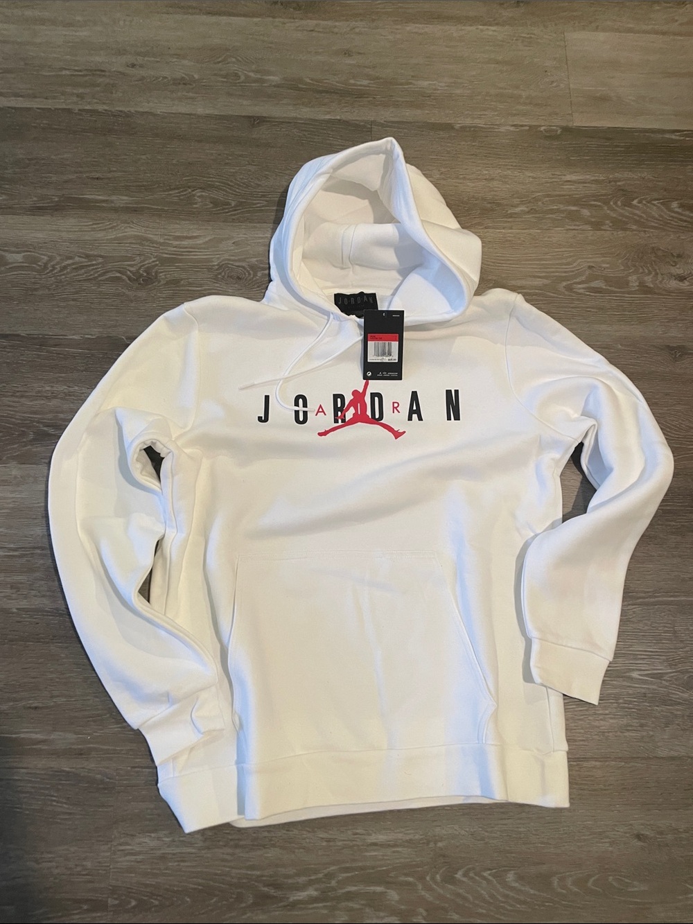 Jordan White Pullover Hoodie with Red Jumpman and Black Lettering